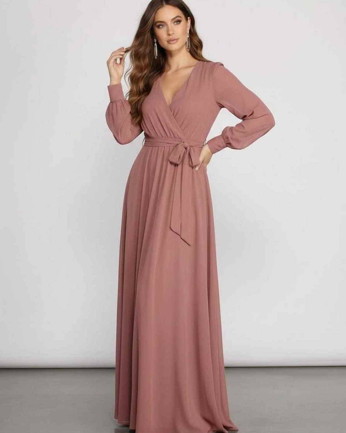 Sienna Maxi Dress - Long Sleeve Dusty Rose Chiffon Dress with V-neckline by Lauven