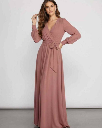 Sienna Maxi Dress - Long Sleeve Dusty Rose Chiffon Dress with V-neckline by Lauven