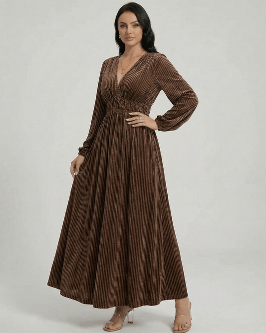 Sienna Maxi Dress by Lauven - Pleated velvet maxidress with V-neck and long sleeves in rich brown.