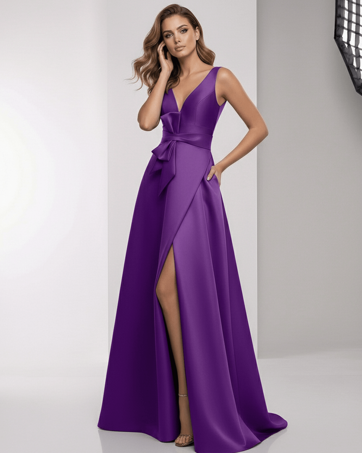 Sienna Maxi Dress - Purple satin A-line maxi dress with wrap slit and bow waist by Lauven.