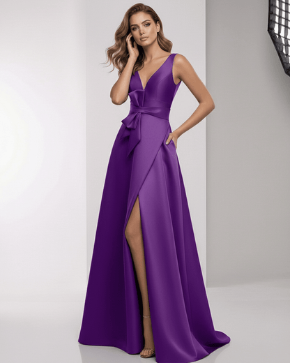 Sienna Maxi Dress - Purple satin A-line maxi dress with wrap slit and bow waist by Lauven.