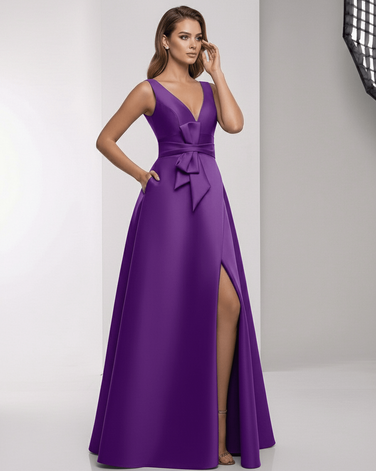 Sienna Maxi Dress in purple satin with A-line silhouette, wrap slit, bow waist by Lauven for elegant occasions.