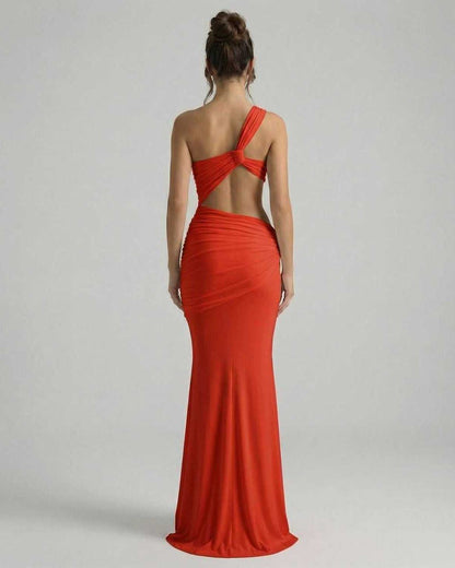 Sienna Maxi Dress - Red backless dress with asymmetrical draping and sleek fit by Lauven.
