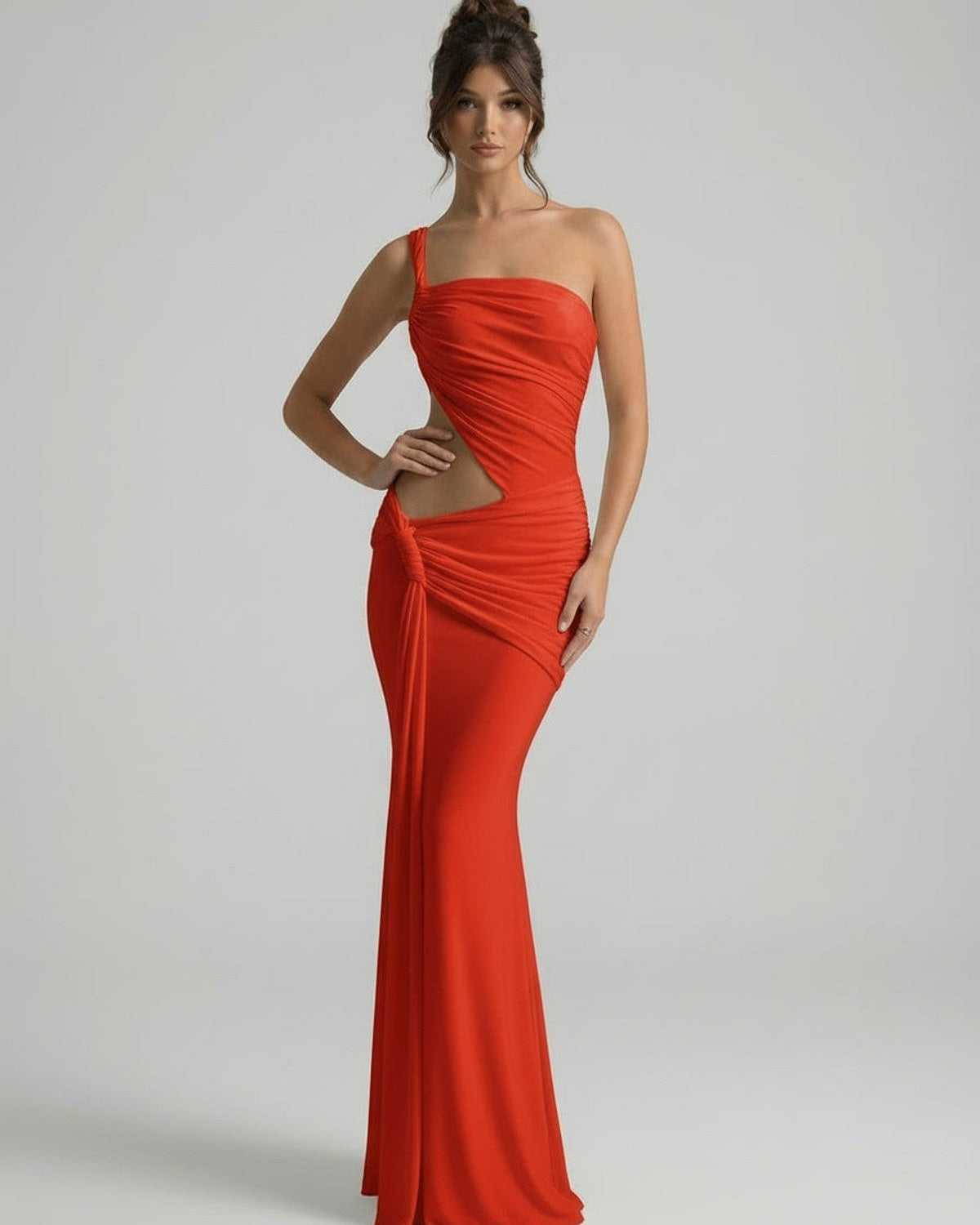 Sienna Maxi Dress - Red with asymmetrical draping and backless silhouette by Lauven, delivering a sleek and elegant look.