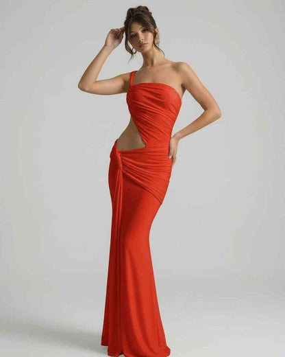 Sienna Maxi Dress featuring asymmetrical draping and backless silhouette by Lauven.