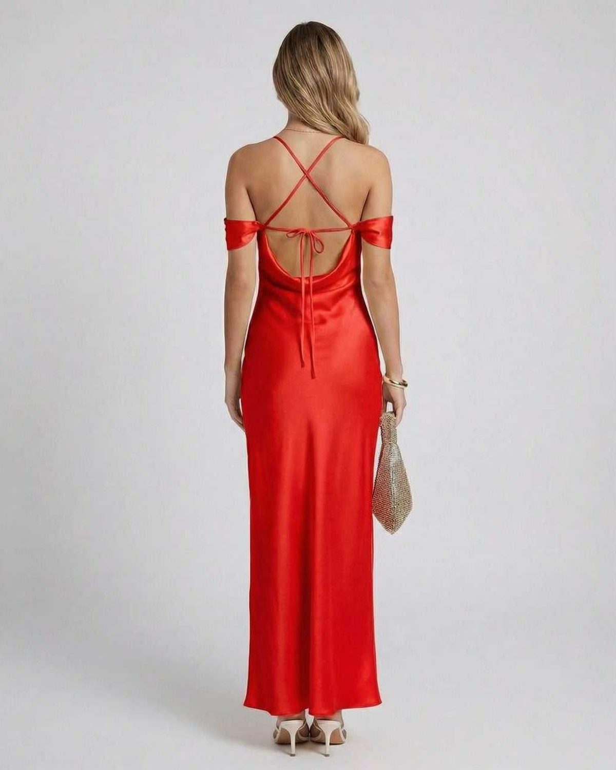 Sienna Maxi Dress back view featuring off-the-shoulder straps, satin finish, and bodycon silhouette from Lauven.