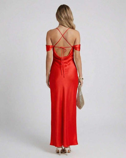 Sienna Maxi Dress back view featuring off-the-shoulder straps, satin finish, and bodycon silhouette from Lauven.