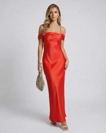 Sienna Maxi Dress, elegant red satin slip silhouette, off-the-shoulder style, Lauven brand, perfect for special occasions.