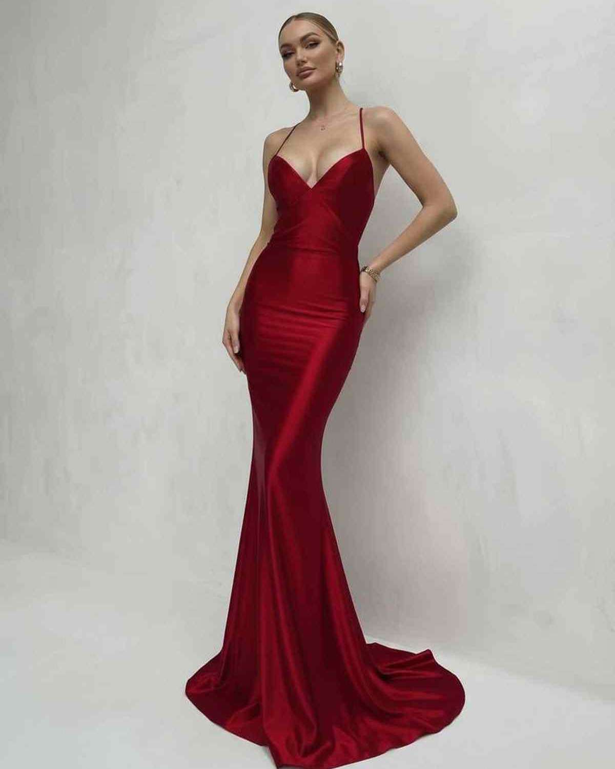Sienna Maxi Dress in red satin with lace-up back and V-neck silhouette, by Lauven; elegant and body-contouring design.