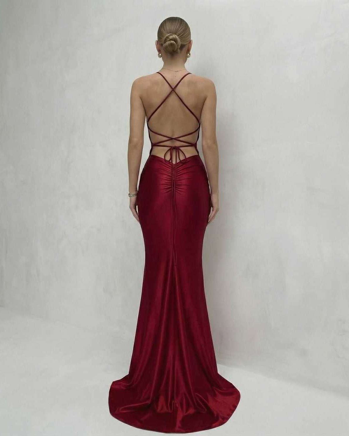 Sienna Maxi Dress back view showing lace-up design and elegant red satin finish by Lauven.