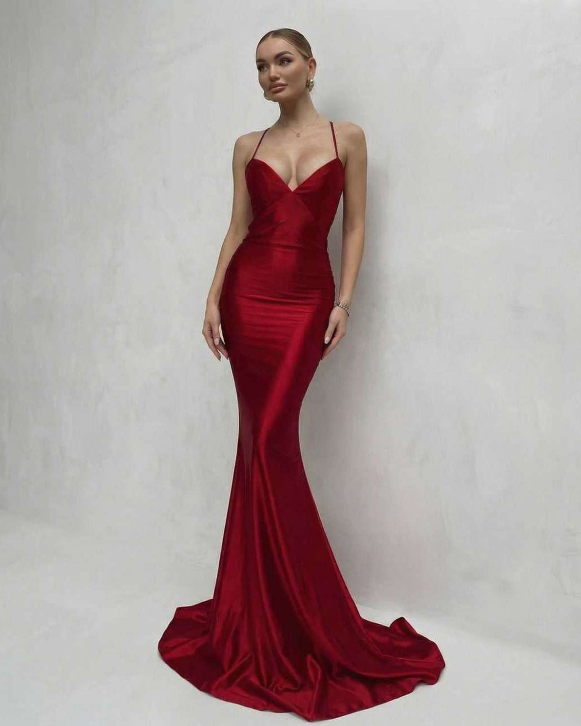 Sienna Maxi Dress in red satin with lace-up back and V-neck silhouette by Lauven, showcasing elegance and sophistication.