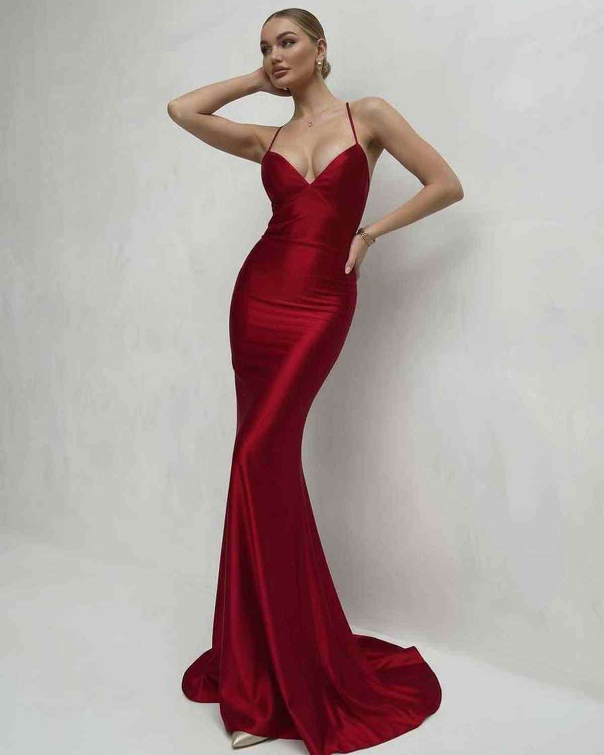 Sienna Maxi Dress in red satin features a deep V-neck and lace-up back, perfect for elegant occasions by Lauven.