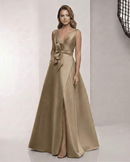 Sienna Maxi Dress - Satin A-Line Brown Maxi Dress with V-Neck and Bow Detail from Lauven, exuding elegance and sophistication.