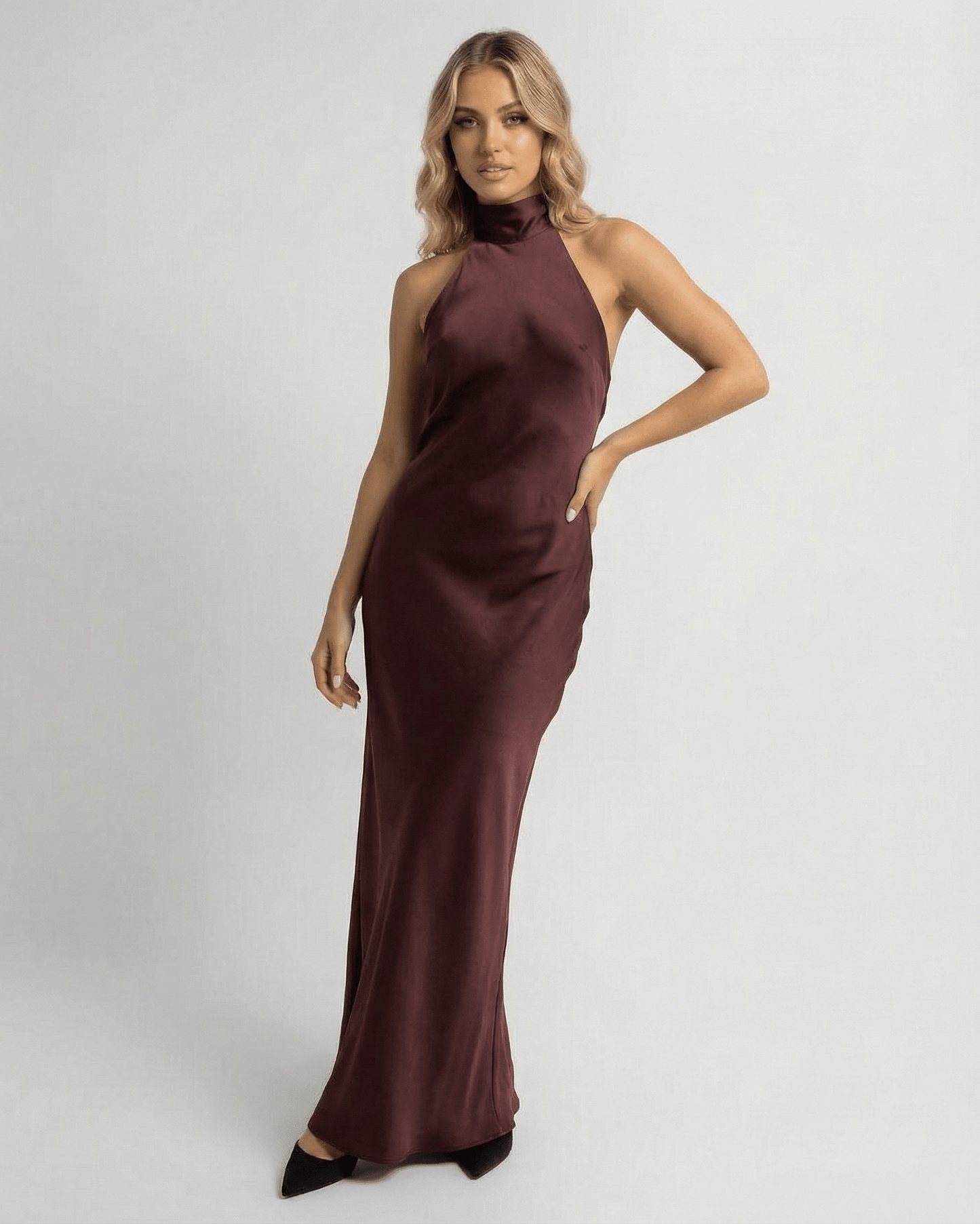 Sienna Maxi Dress by Lauven - Satin halter maxi dress in burgundy with sleek sheath silhouette.