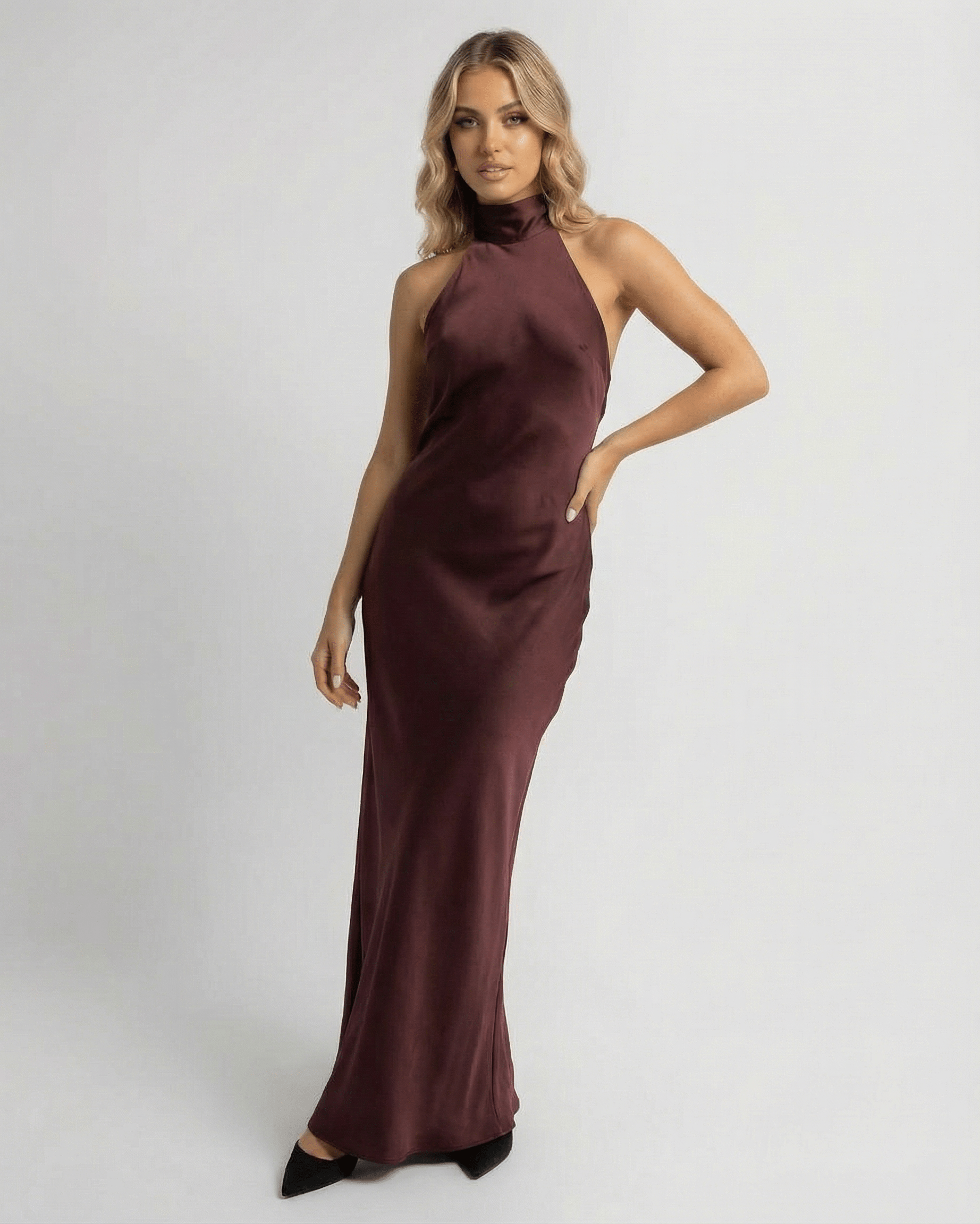 Sienna Maxi Dress by Lauven - Satin halter maxi dress in burgundy with sleek sheath silhouette.