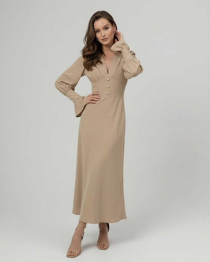 Sienna Midi Dress by Lauven, a beige long sleeve dress with a V-neck and sculpted waist, perfect for elegant occasions.