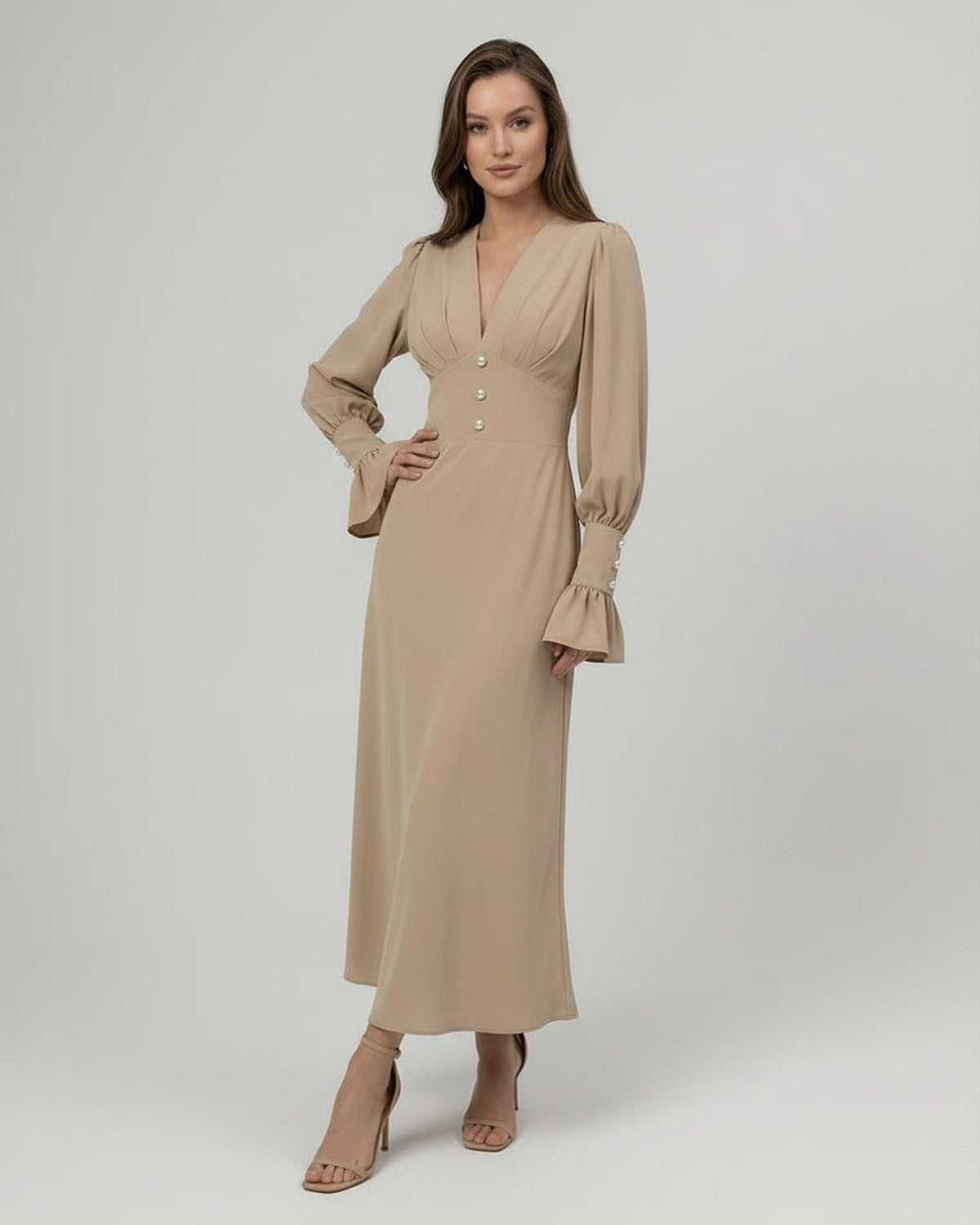 Sienna Midi Dress in beige, long sleeves, V-neckline, A-line design by Lauven, exuding elegance and femininity.