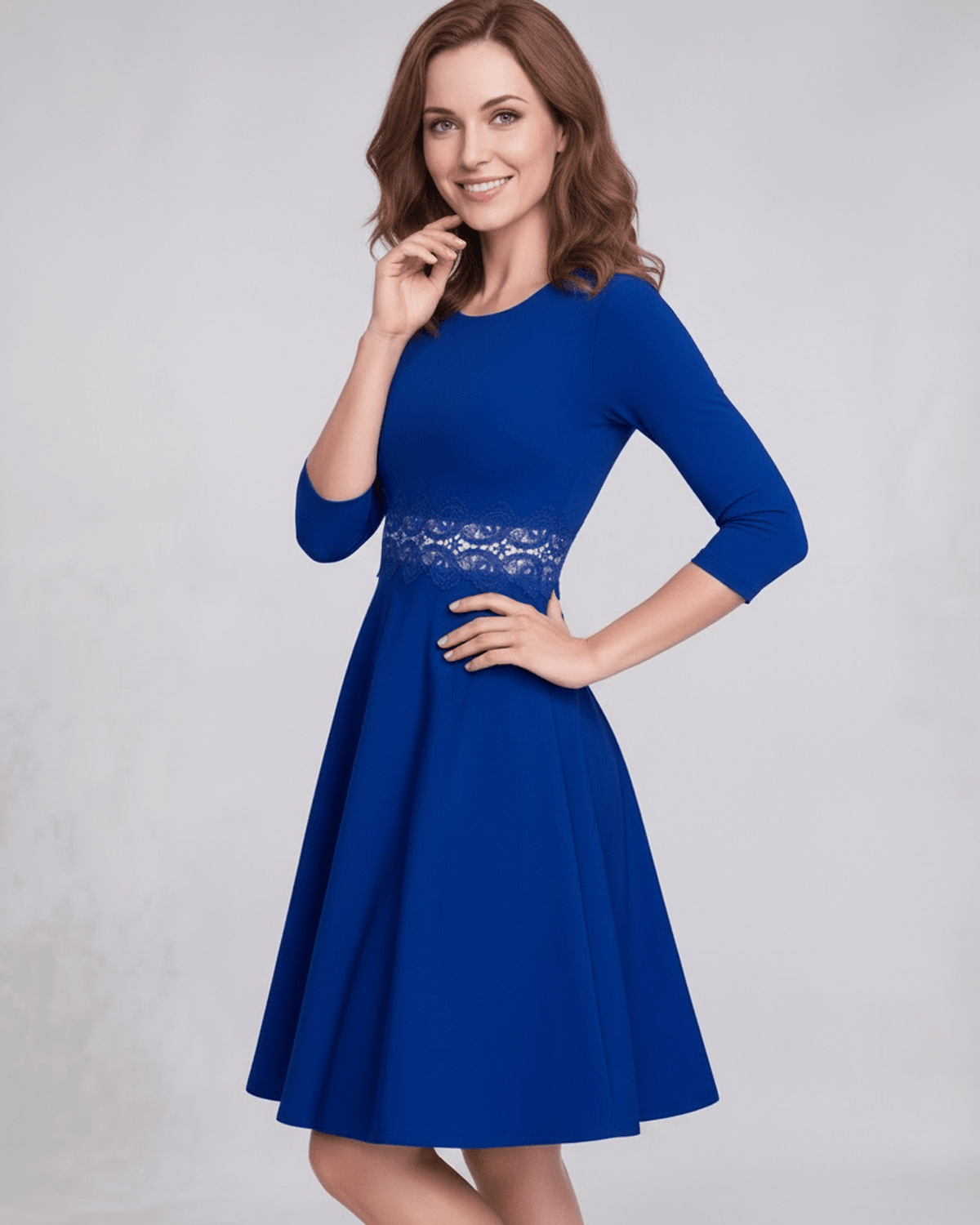 Sienna Midi Dress: Blue A-Line Midi Dress with Lace Waist Detail by Lauven, exuding refined femininity and elegance.