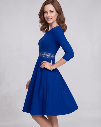 Sienna Midi Dress – Blue A-Line with lace waist detail, long sleeves showcasing refined femininity by Lauven.