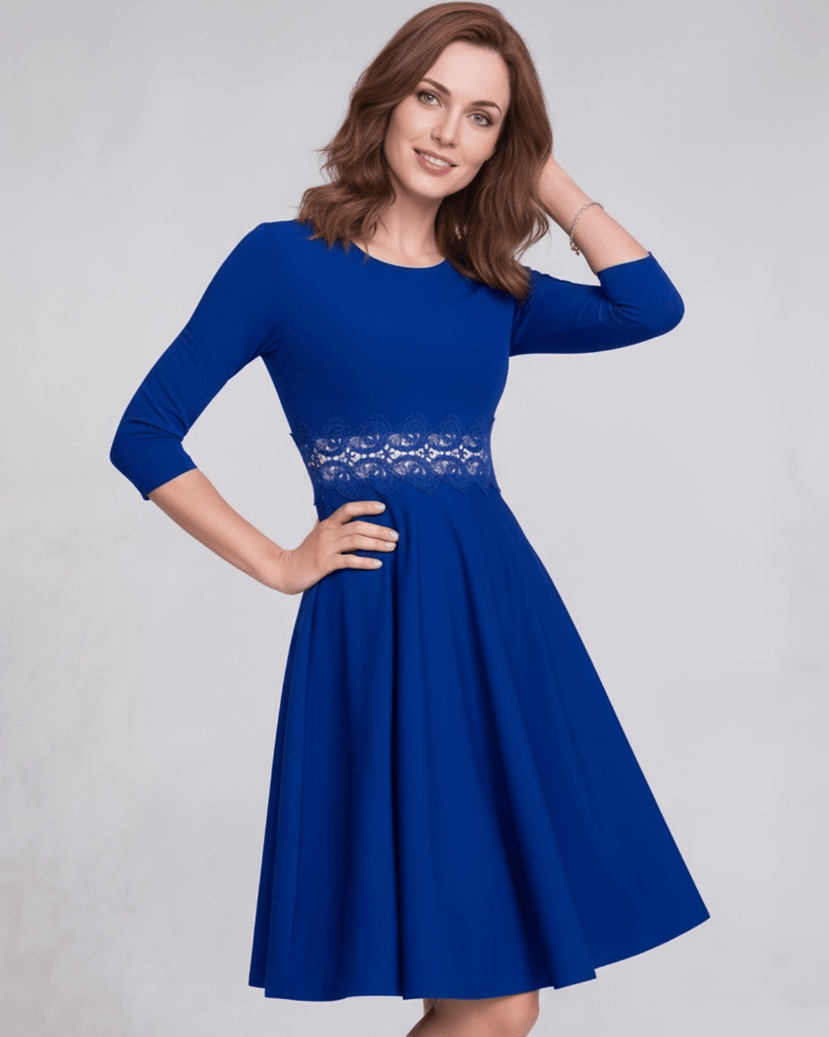 Sienna Midi Dress in blue with A-line silhouette, lace waist detail, and long sleeves by Lauven, perfect for elegant occasions.