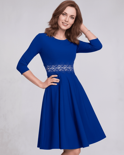 Sienna Midi Dress in blue with A-line silhouette, lace waist detail, and long sleeves by Lauven, perfect for elegant occasions.