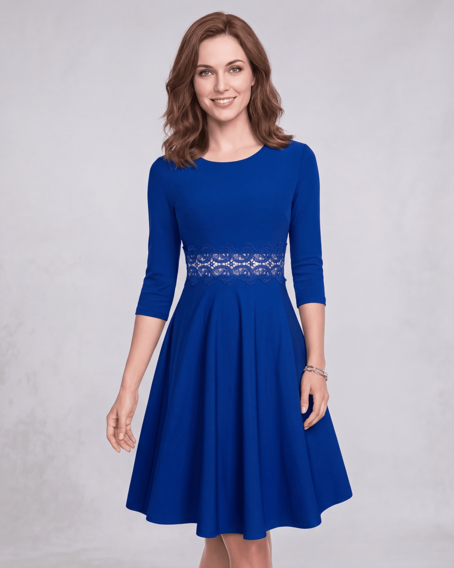 Sienna Midi Dress in blue featuring A-line silhouette and lace waist detail by Lauven.