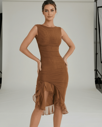 Sienna Midi Dress – Brown Ruched Midi Dress with Ruffle Hem, Sleeveless, by Lauven