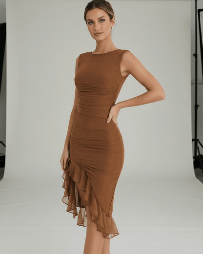 Sienna Midi Dress - Brown ruched midi dress with ruffle hem by Lauven, offering elegance and effortless allure.