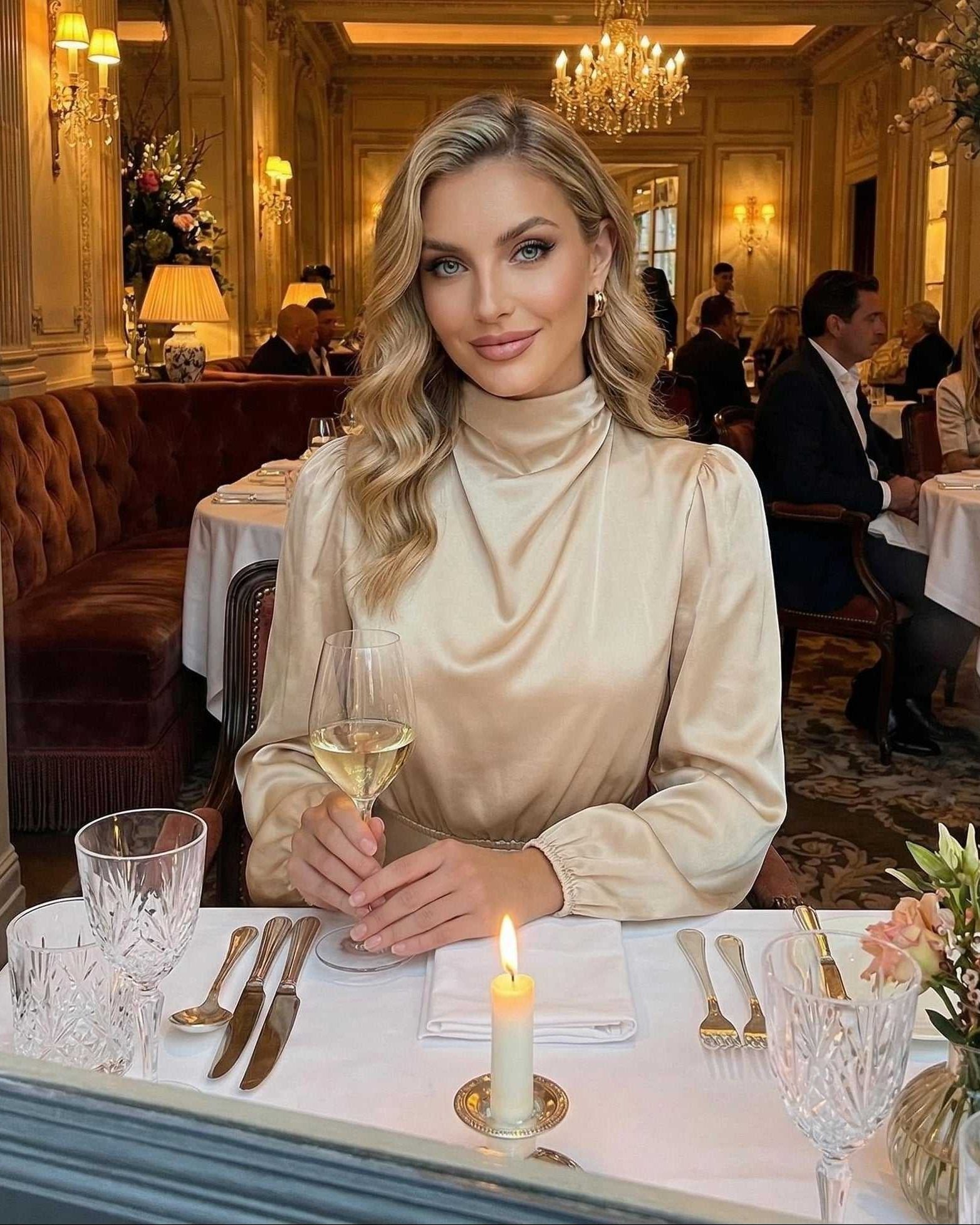 Sienna Midi Dress by Lauven - Champagne satin high neck elegance with long sleeves and refined style.