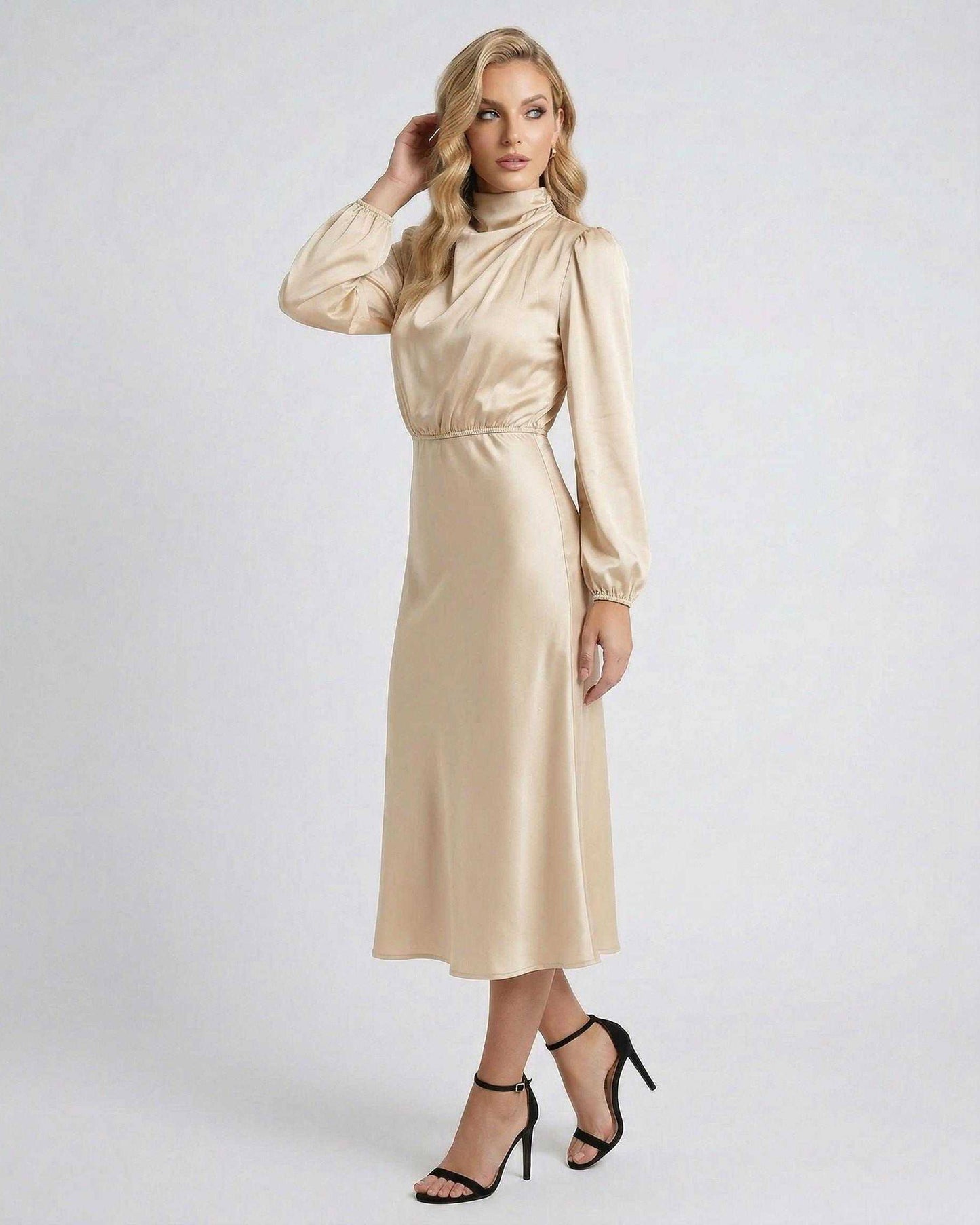 Sienna Midi Dress by Lauven in champagne satin with high neck and long sleeves, showcasing elegant silhouette.