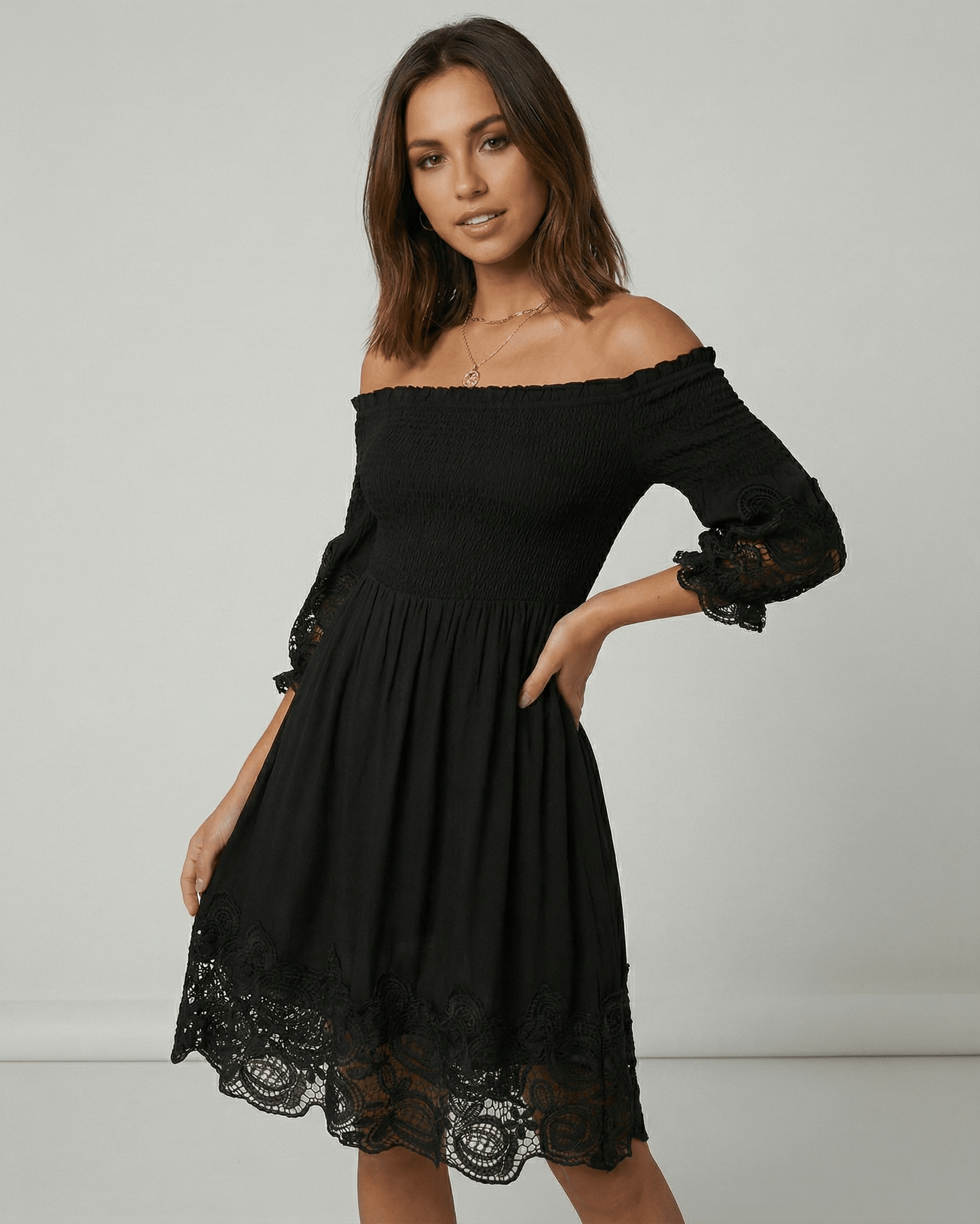 Sienna Midi Dress by Lauven - Women's Black Midi Dress with Lace and Off Shoulder Design