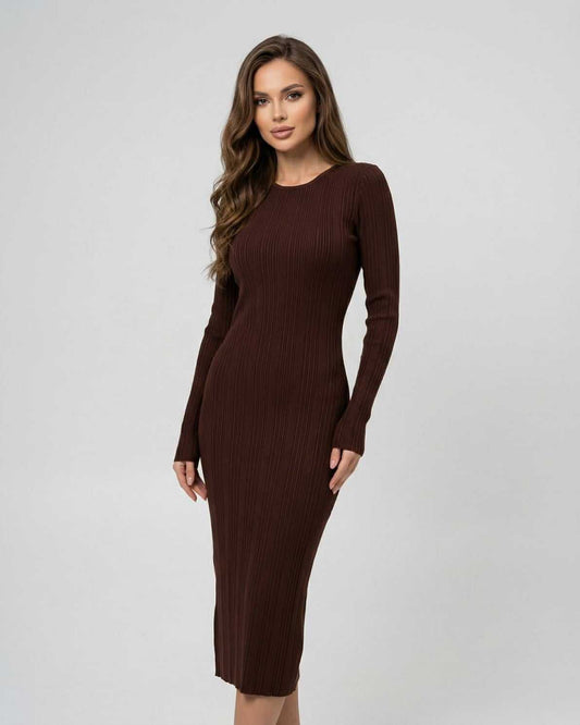 Sienna Midi Dress by Lauven showcasing a ribbed long sleeve bodycon silhouette in rich brown.