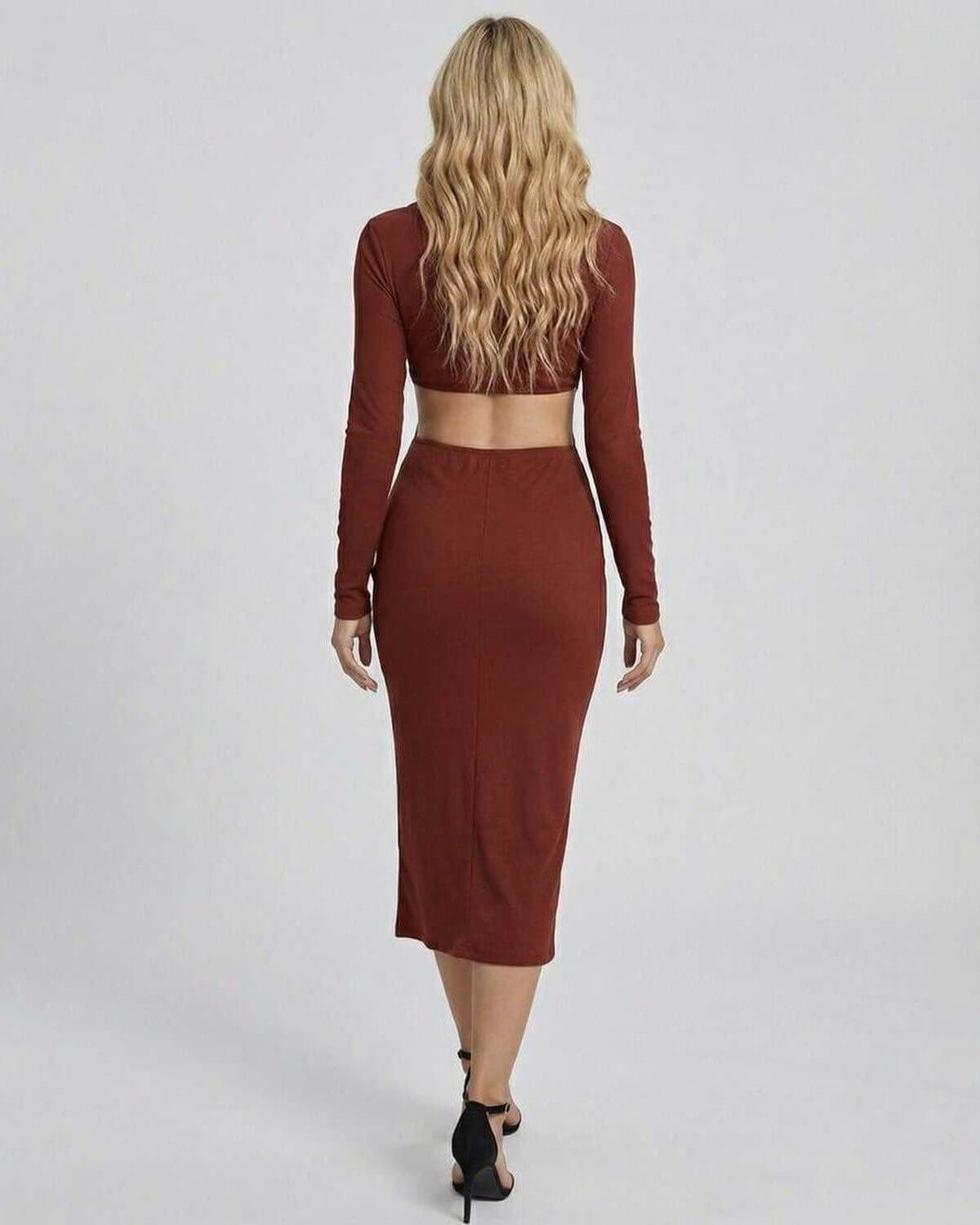 Sienna Midi Dress from Lauven, showcasing a young woman in a stylish back view, elegant ankle-length design.