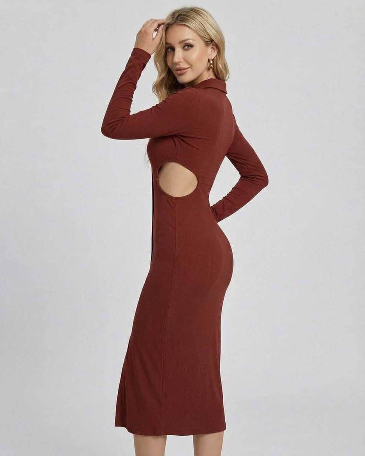 Sienna Midi Dress by Lauven, sleek ankle-length V-neck sheath dress with full sleeves and stylish cut-out detail.