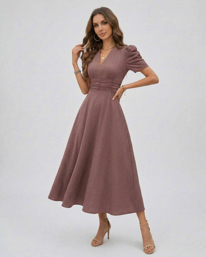 Sienna Midi Dress in mauve with puffed sleeves and ruched waist, elegant for wedding guests by Lauven.
