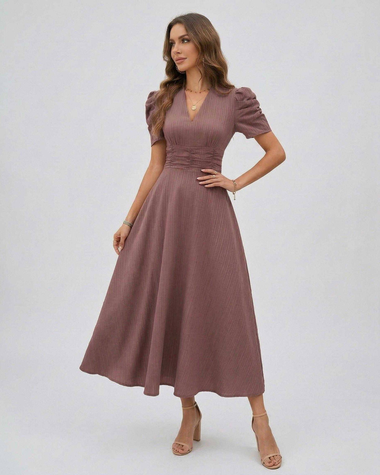 Sienna Midi Dress in mauve, featuring puffed sleeves and a sculpted silhouette, perfect for weddings and elegant occasions.