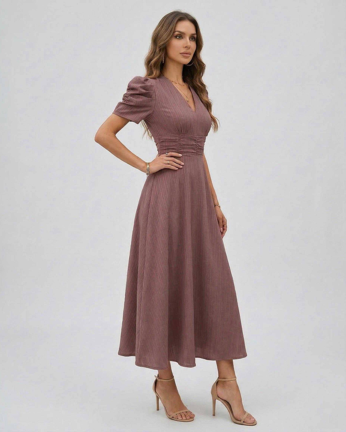 Sienna Midi Dress in mauve with sleeves, flattering V-neckline and ruched waist. Perfect for wedding guests by Lauven.