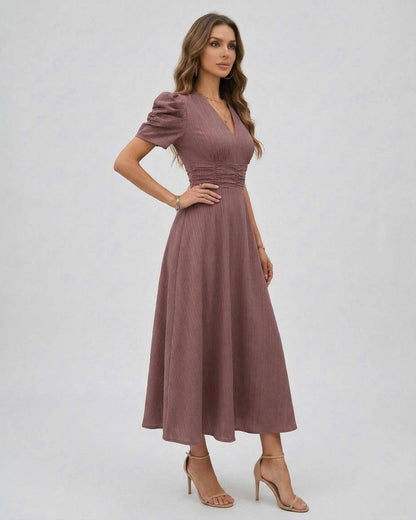 Sienna Midi Dress in mauve with sleeves, flattering V-neckline and ruched waist. Perfect for wedding guests by Lauven.