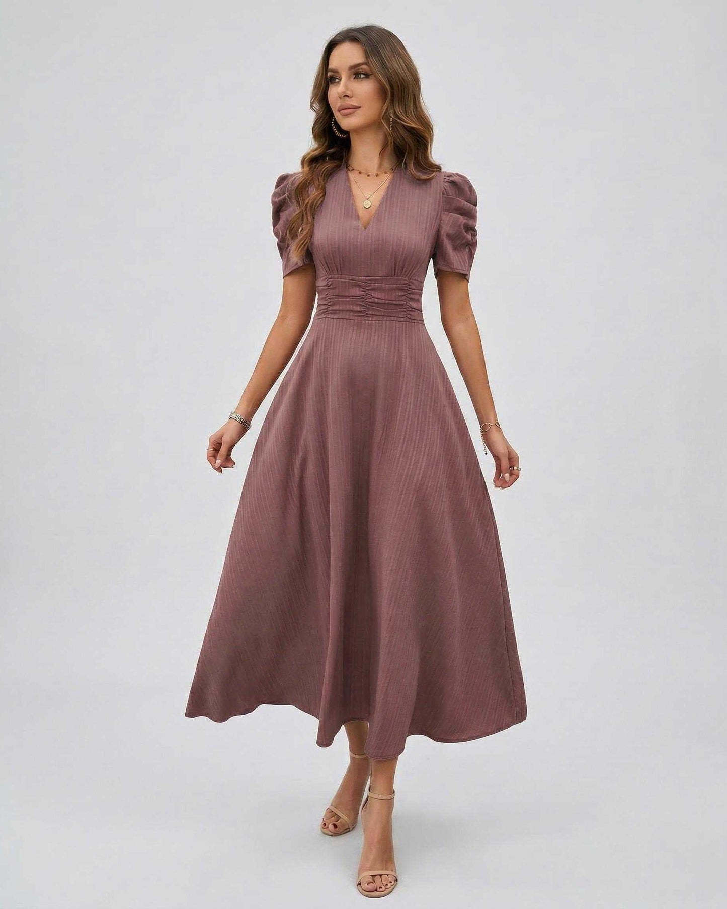 Sienna Midi Dress in mauve with puffed sleeves and ruched waist by Lauven, perfect for weddings and elegant occasions.