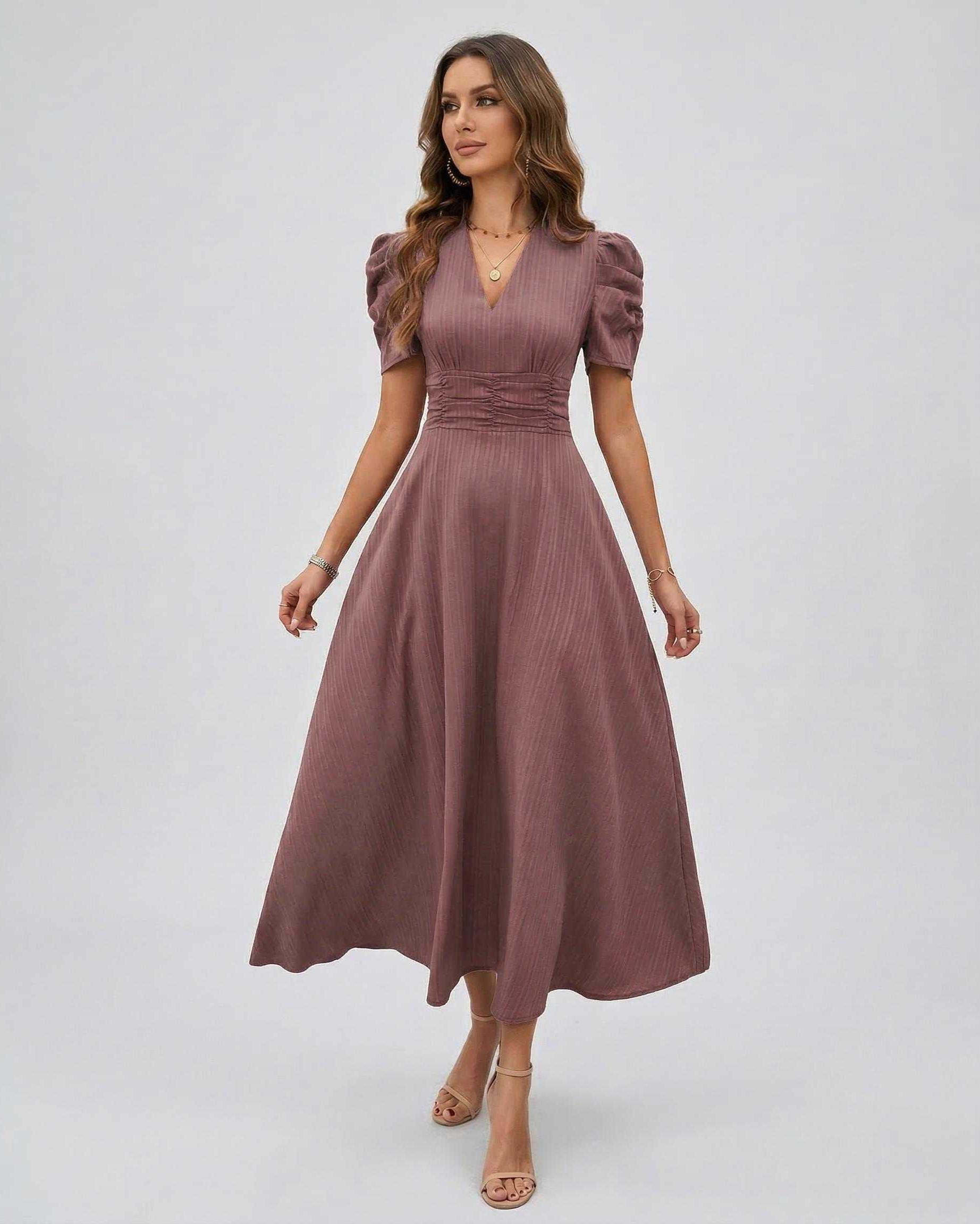 Sienna Midi Dress in mauve with puffed sleeves and ruched waist by Lauven, perfect for weddings and elegant occasions.