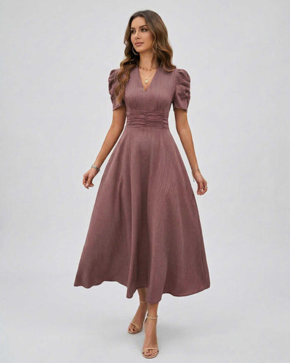 Sienna Midi Dress in mauve with puffed sleeves and ruched waist by Lauven, perfect for weddings and elegant occasions.