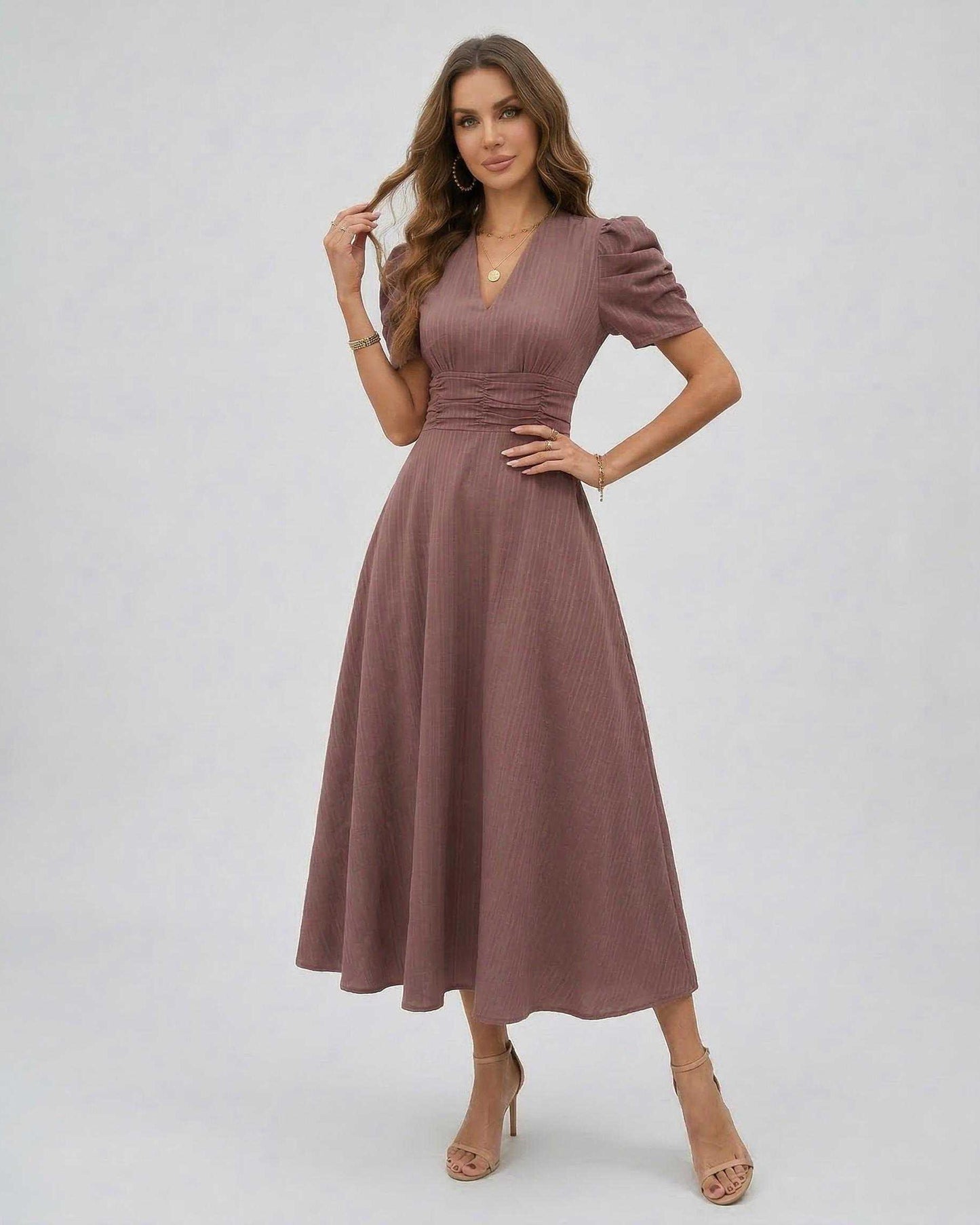 Sienna Midi Dress in mauve with V-neckline, puffed sleeves, and ruched waist by Lauven, perfect for weddings and cocktails.