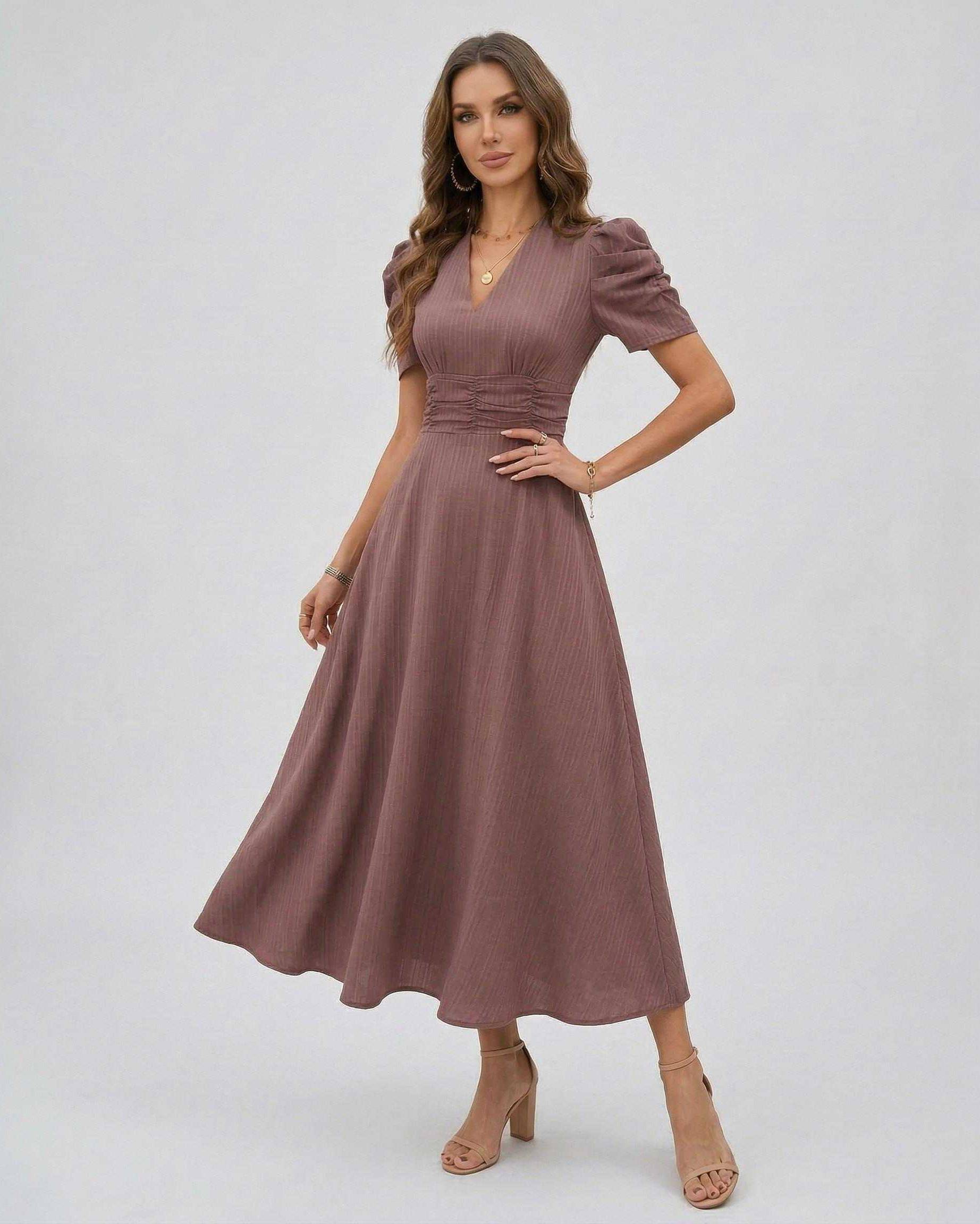 Sienna Midi Dress in mauve with puffed sleeves, V-neckline, ruched waist by Lauven, perfect for elegant occasions.