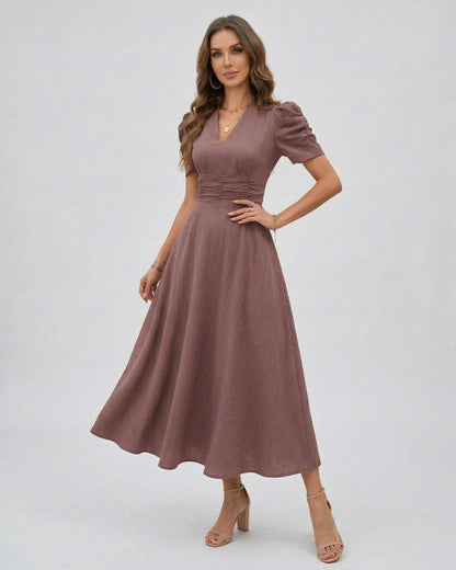 Sienna Midi Dress in mauve with puffed sleeves, V-neckline, ruched waist by Lauven, perfect for elegant occasions.