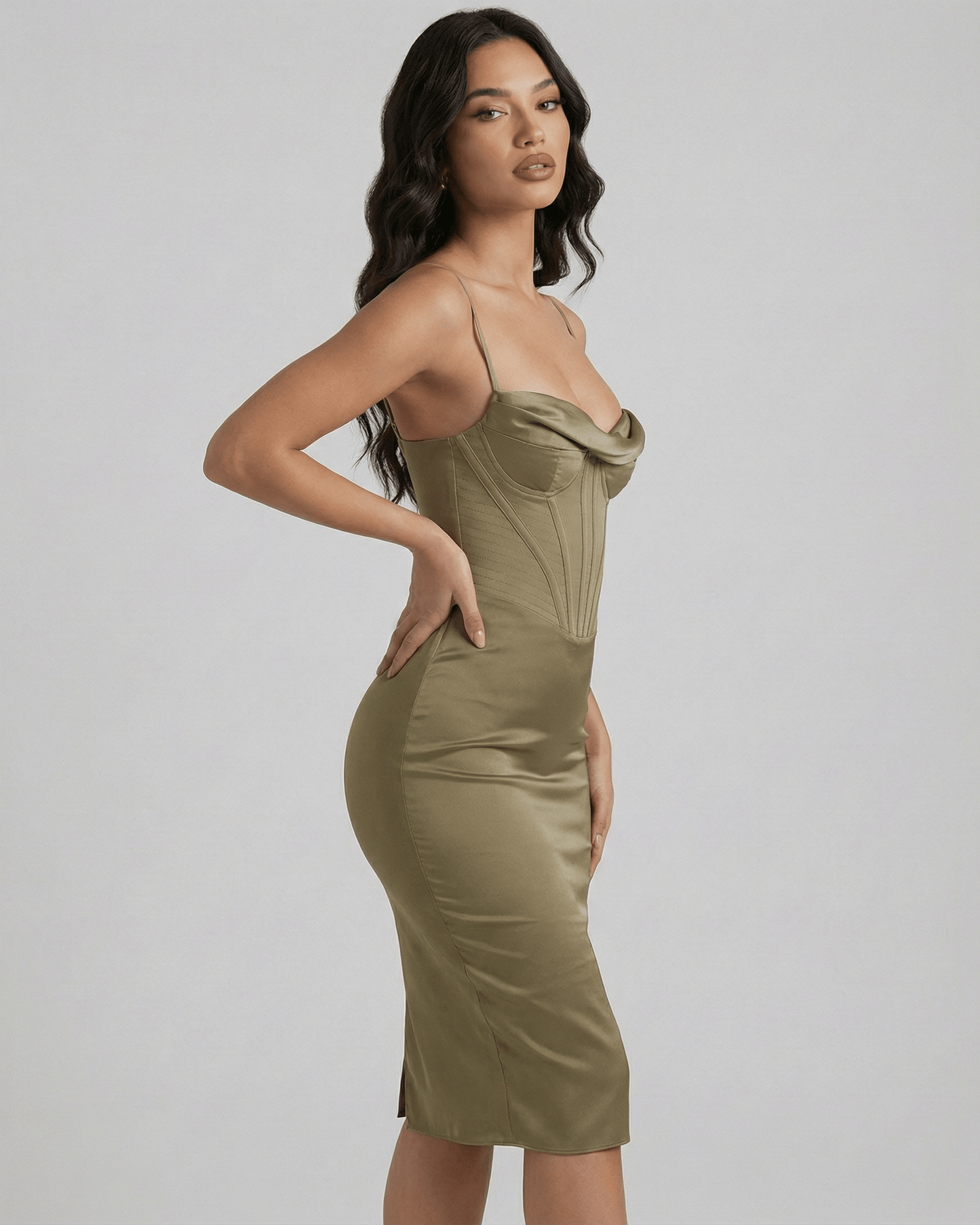 Sienna Midi Dress by Lauven - Olive satin corset midi dress featuring a draped cowl neckline and curvy silhouette.