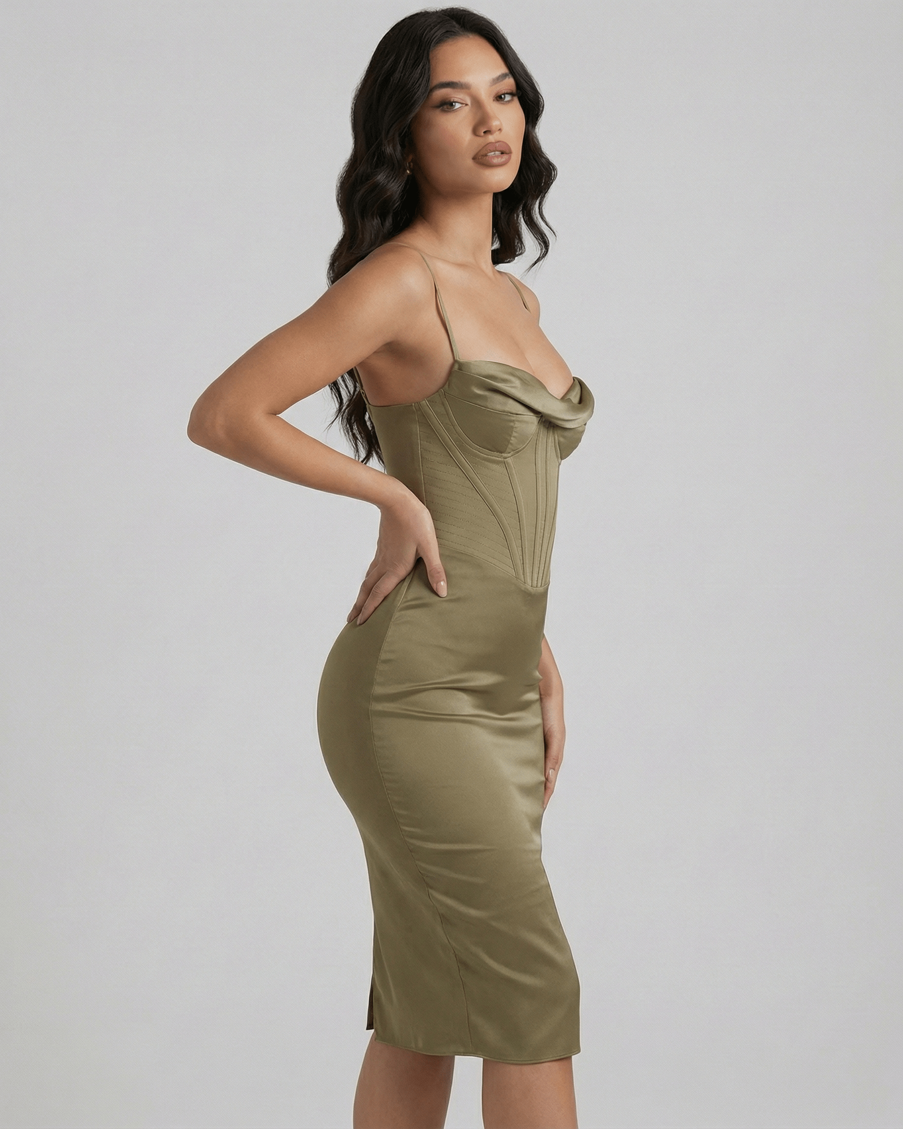 Sienna Midi Dress by Lauven - Olive satin corset midi dress featuring a draped cowl neckline and curvy silhouette.