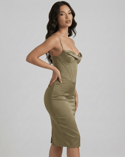 Sienna Midi Dress by Lauven - Olive satin corset midi dress featuring a draped cowl neckline and curvy silhouette.