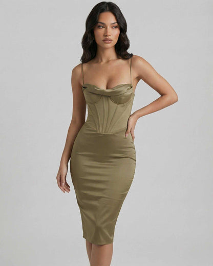 Sienna Midi Dress by Lauven - Olive satin corset midi dress for elegant evenings and cocktails.
