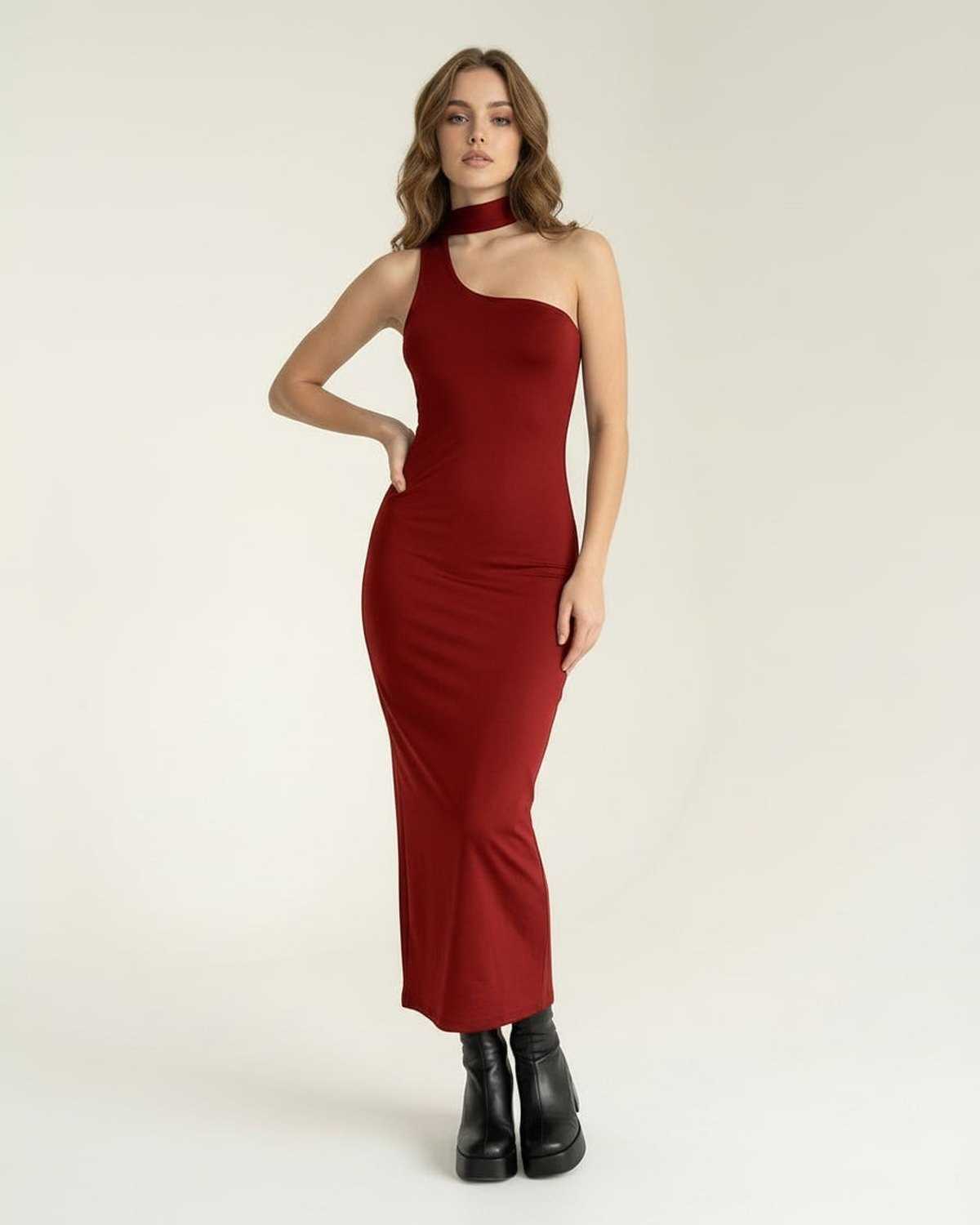 Sienna Midi Dress - Red bodycon dress featuring halter neck detail, sculpted fit by Lauven for modern glamour.