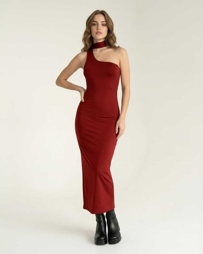 Sienna Midi Dress - Red bodycon dress featuring halter neck detail, sculpted fit by Lauven for modern glamour.